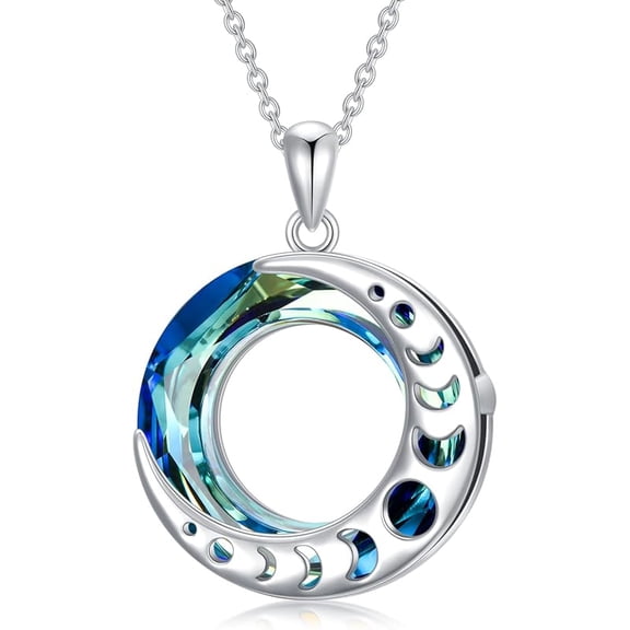 AOBOCO Moon Phase Necklace 925 Sterling Silver Round Crystal Triple Goddess Glowing Moon Pendant Jewelry for Women