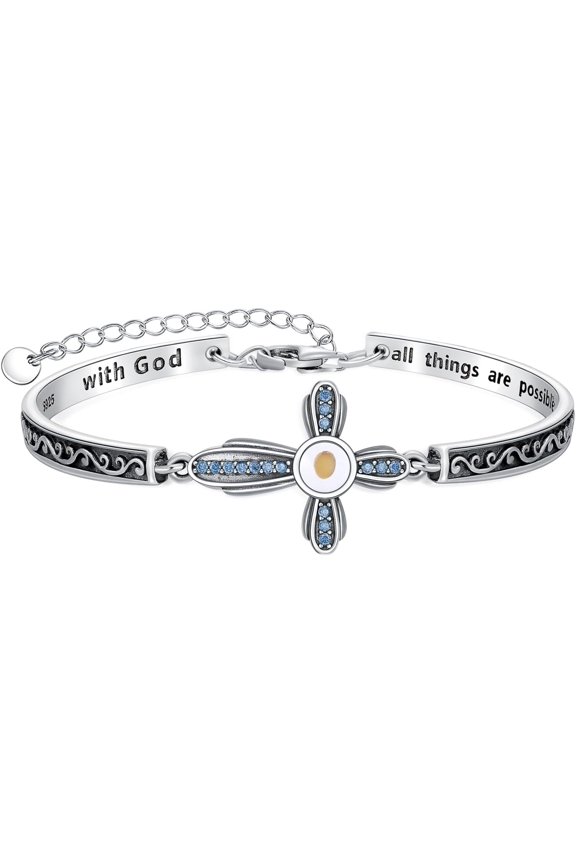 Mustard Seed Cross Bracelet with 12 Birthstones Sterling Silver With God All Things are Possible Bangle Christian Faith Religious Jewelry Gift for Women