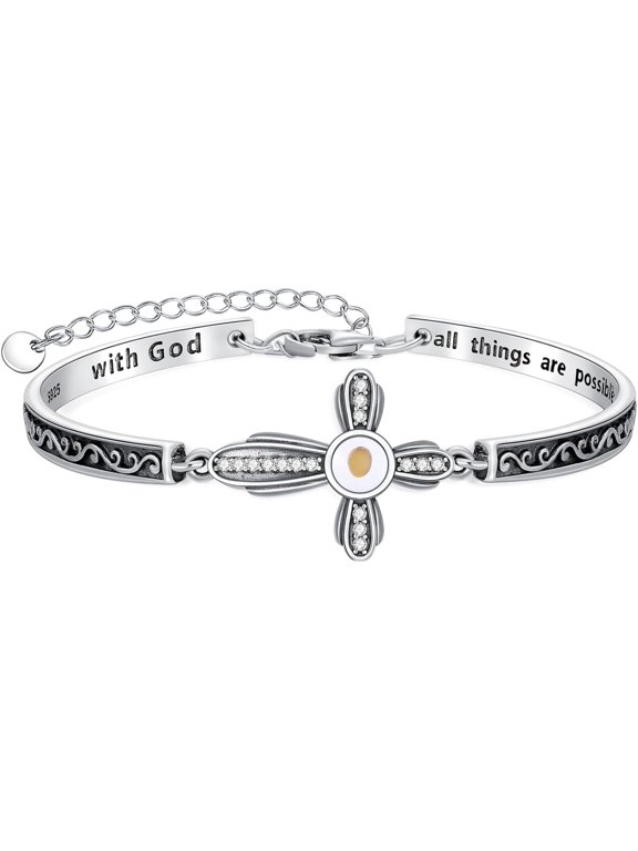 Mustard Seed Cross Bracelet with 12 Birthstones Sterling Silver With God All Things are Possible Bangle Christian Faith Religious Jewelry Gift for Women