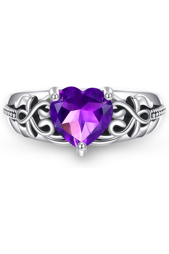 Natural Amethyst Promise Ring for Women 8mm Heart Shaped Real Amethyst Rings 925 Sterling Silver Vintage