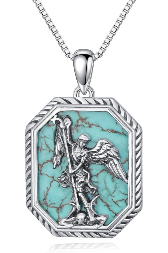 Natural Turquoise Archangel Saint Michael Necklace for Women 925 Sterling Silver Saint Michael Pendant Genuine Turquoise Saint Archangel Miracle Medal Necklace Religious Jewelry Gifts