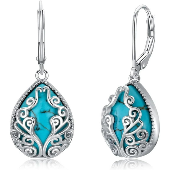 AOBOCO Natural Turquoise Drop Earrings for Women 925 Sterling Silver Filigree Teardrop Earrings with Genuine Turquoise Jewelry Gifts