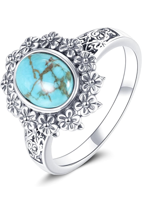 Natural Turquoise Ring for Women 925 Sterling Silver Vintage Flower with Oval Cut Turquoise Ring