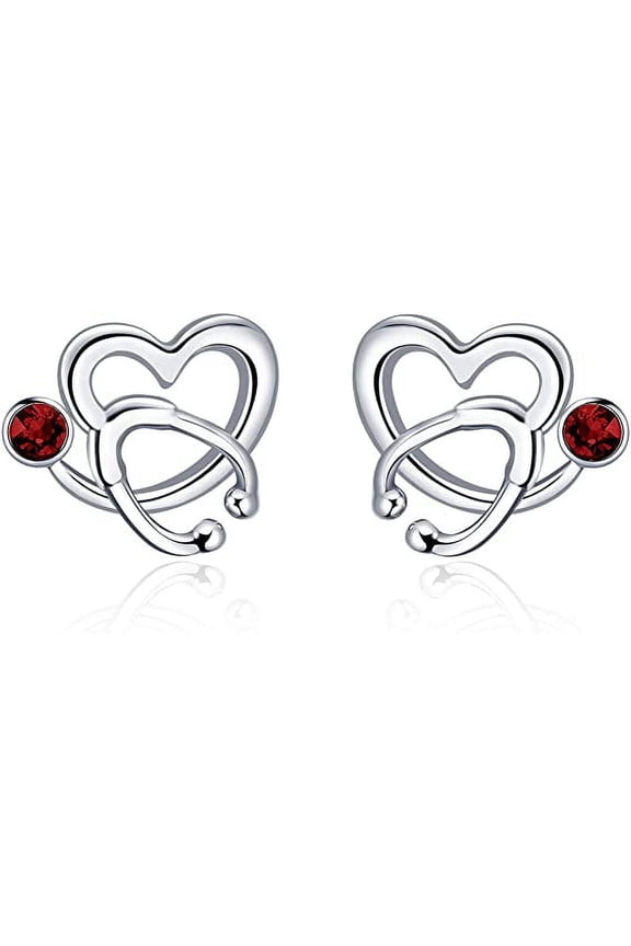 Nurse Day Gifts Nurse Earrings Sterling Silver Stethoscope Earrings Simulated Birthstone Studs Earrings with Crystal,Fine Jewelry Gifts For Nurse Doctor RN Medical Student