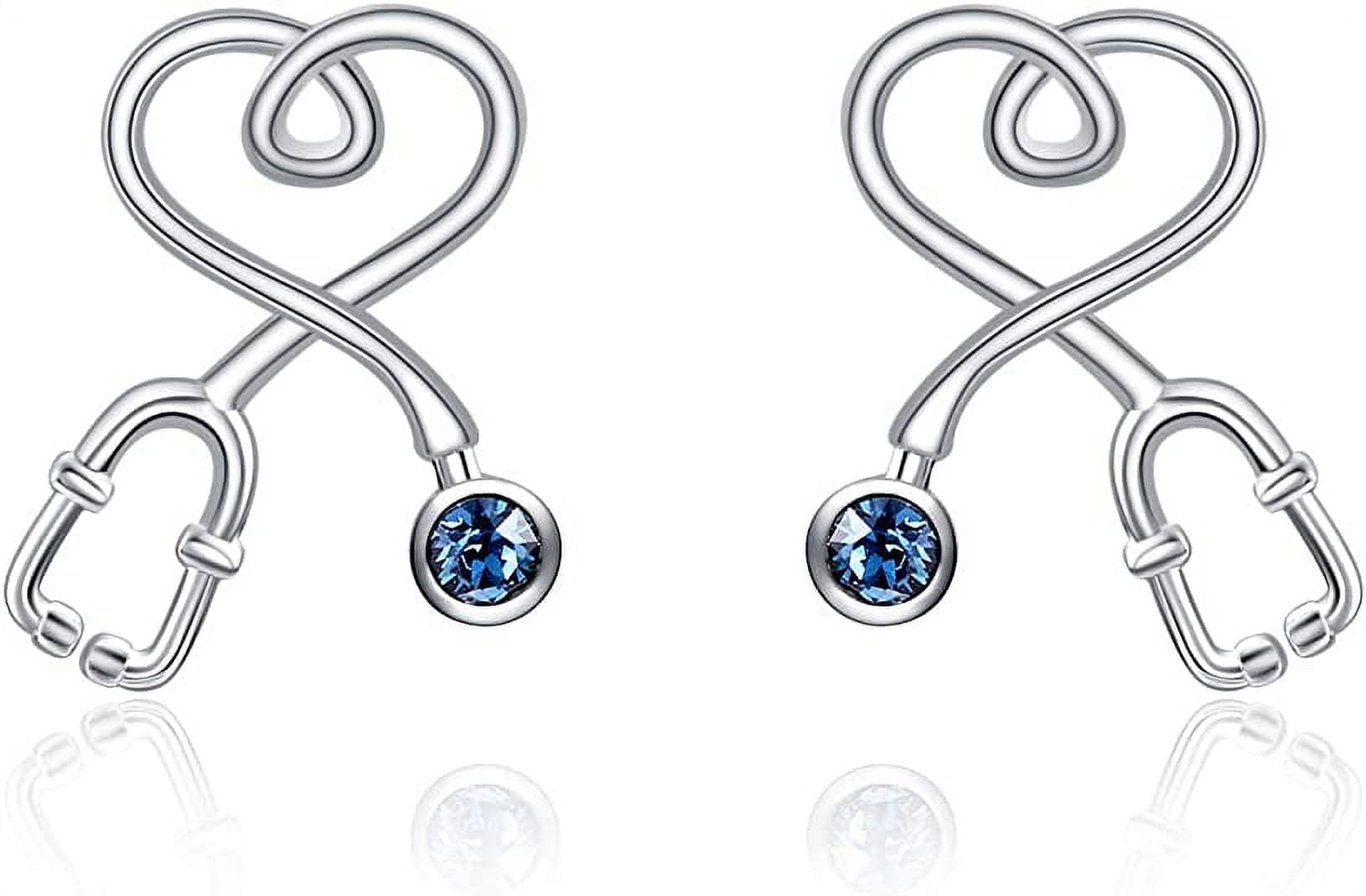 AOBOCO Christmas Gifts 925 Sterling Silver Stethoscope Earrings Simulated Birthstone Crystals,Gifts for Her Nurse Medical Student