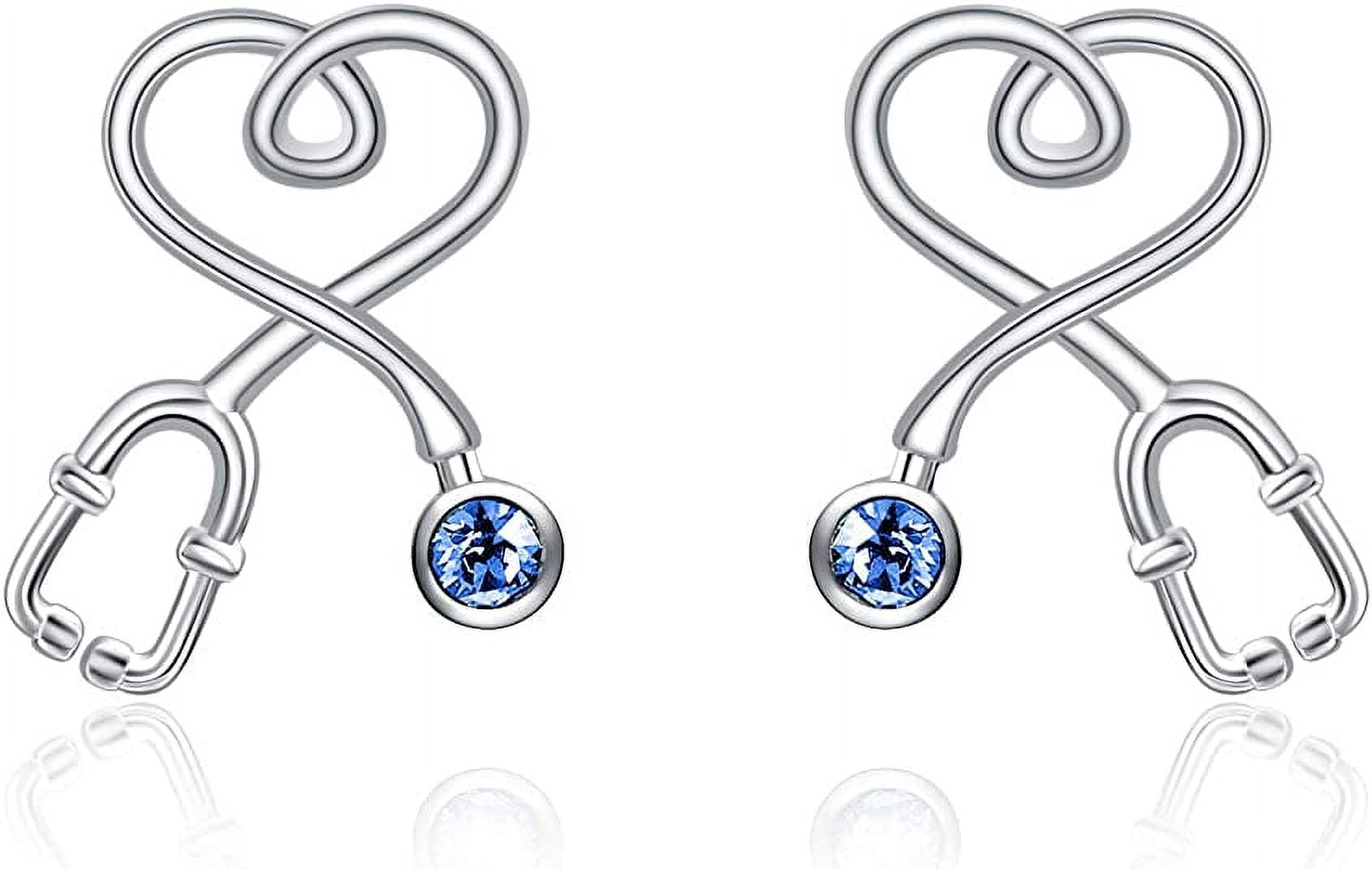 AOBOCO Nurse Day Gifts Sterling Silver Stethoscope Earrings Simulated Birthstone Crystals, Fine Jewelry Gifts for Nurse Doctor RN Medical Student