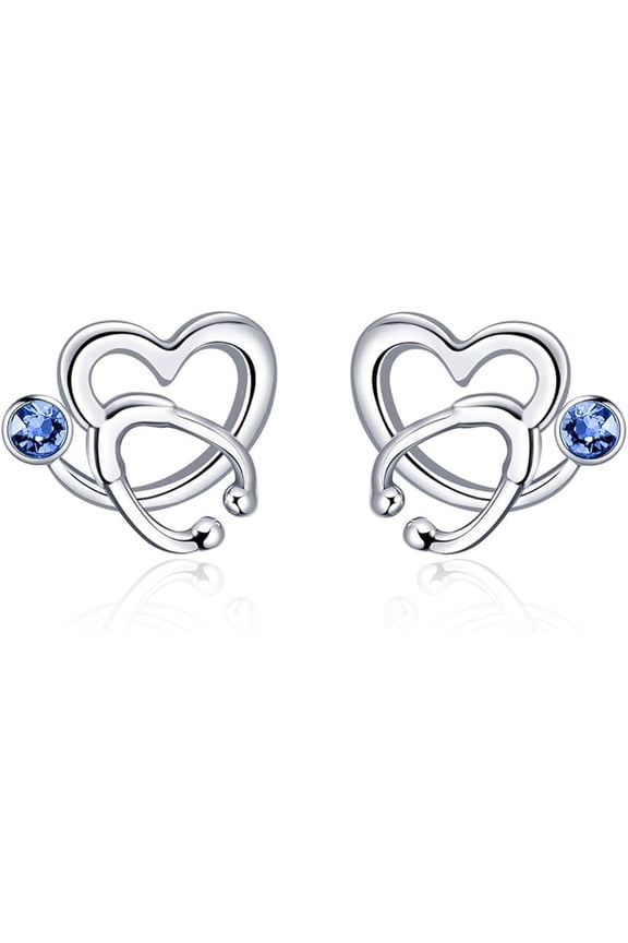 AOBOCO Nurse Earrings 925 Sterling Silver Stethoscope Studs Earrings Simulated 12 Months Birthstone Crystal from Austria, Graduation Jewelry Gifts for Nurse Doctor RN Medical Student