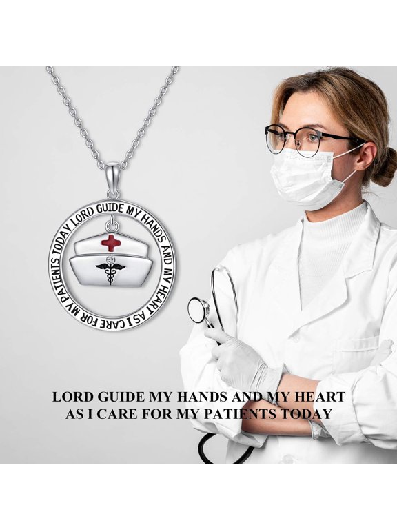 AOBOCO Nurse Gifts for Women 925 Sterling Silver Nurse's Prayer Necklace with Caduceus Angel Nurse Cap Charm, Nursing Graduation Gift for Nurses Medical Student, Crystal from Austria