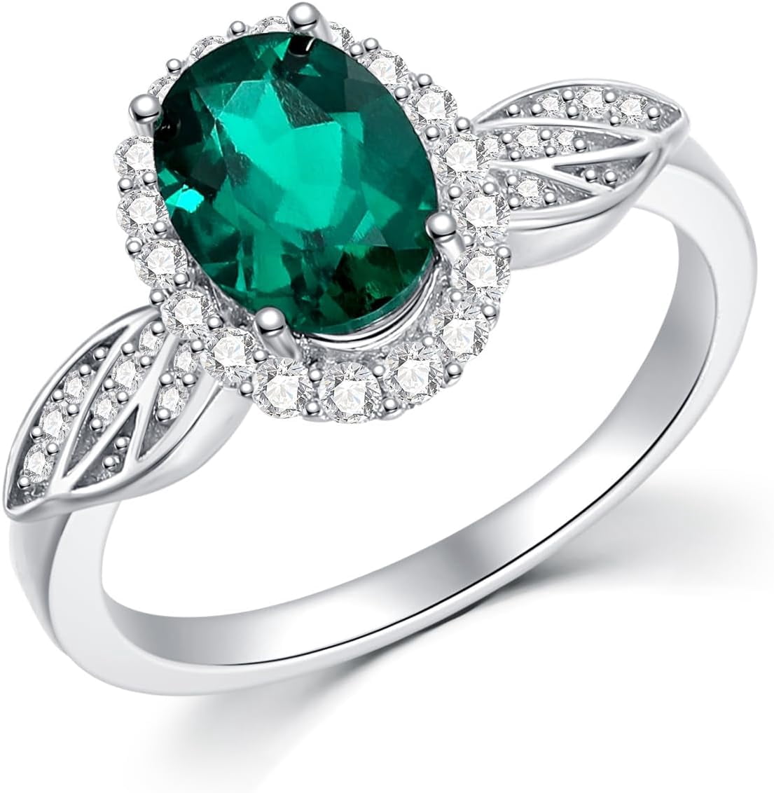 AOBOCO Oval-Cut Lab-Created Emerald Ring in 925 Sterling Silver with ...