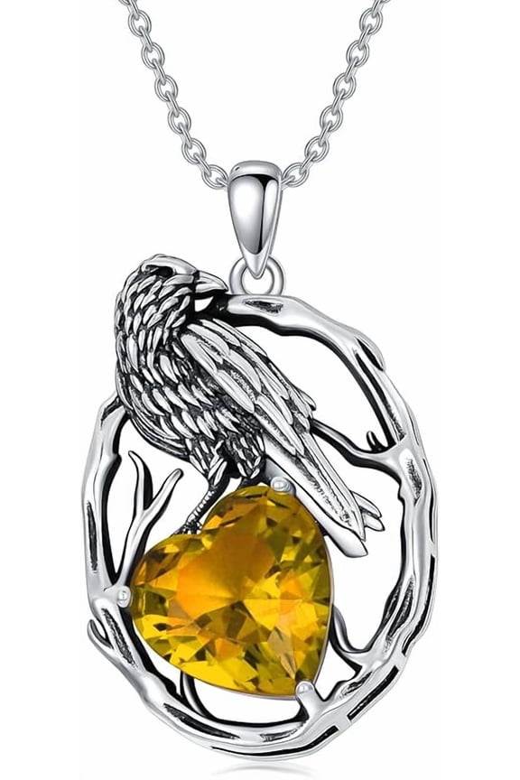 Raven Necklace 925 Sterling Silver Crow Raven with Birthstone Pendant Necklace for Women