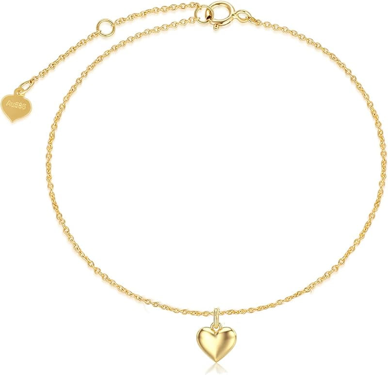 AOBOCO Real 14k Gold Puff Heart Anklet for Women, Love Ankle Bracelet Foot Jewelry Gifts for Her, 9+1+1 Inch