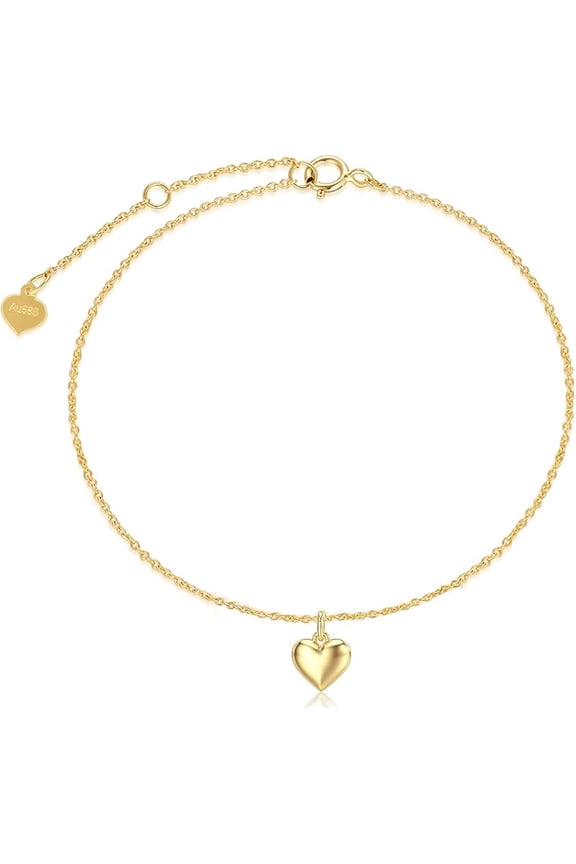 Real 14k Gold Puff Heart Anklet for Women, Love Ankle Bracelet Foot Jewelry Gifts for Her, 9+1+1 Inch