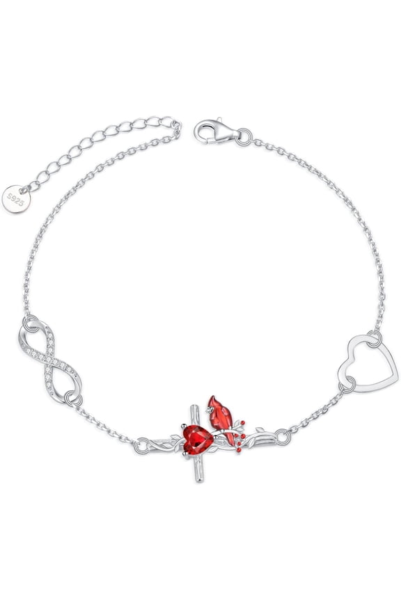 Red Cardinal Bird Bracelet for Women Natural Garnet 925 Sterling Silver Cardinal Cross Bracelet Memorial Sympathy Jewelry Cardinal Bird Gifts for Loss of Loved