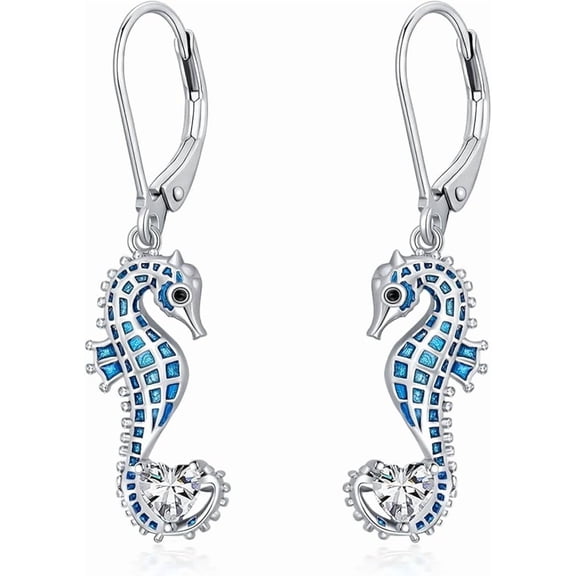 AOBOCO Seahorse Earrings 925 Sterling Silver Blue Seahorse with Heart Shaped Birthstone Drop Dangle Earrings for Women