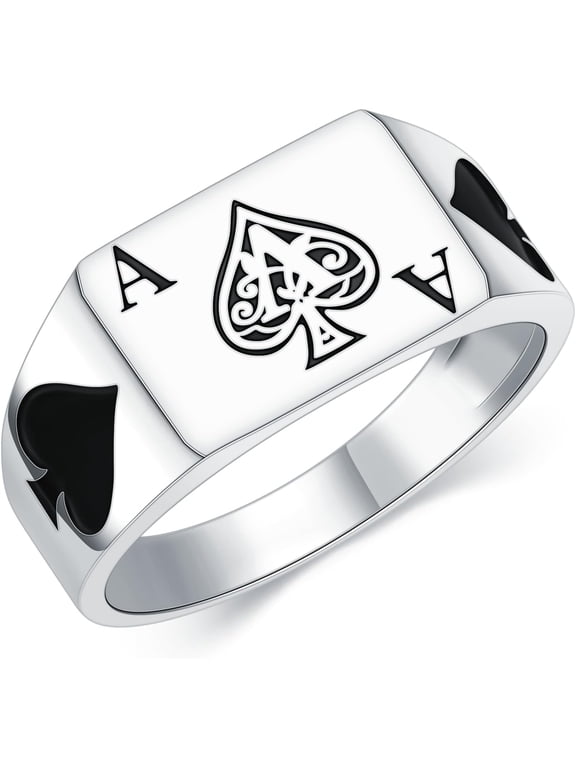 Signet Ring Sterling Silver Poker Card Ace of Spade Ring Gambling Ring for Men Women Size 9-11