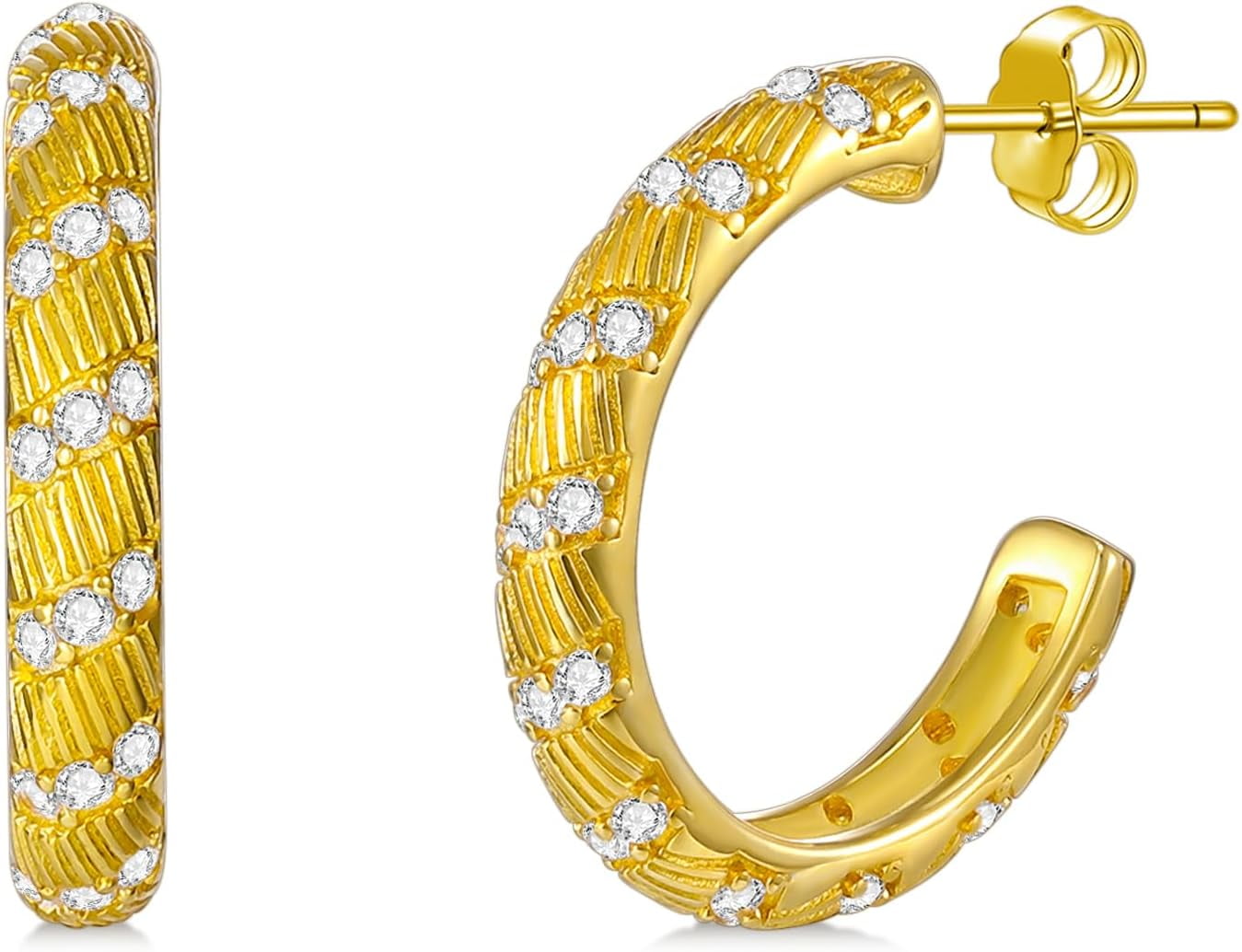 AOBOCO Small Modern Bohemian Open Hoop CZ Earrings for Women 925 Sterling Silver Post Back Hoops Earring Cubic Zirconia Hoop Earrings 14K Gold/White Gold Plating
