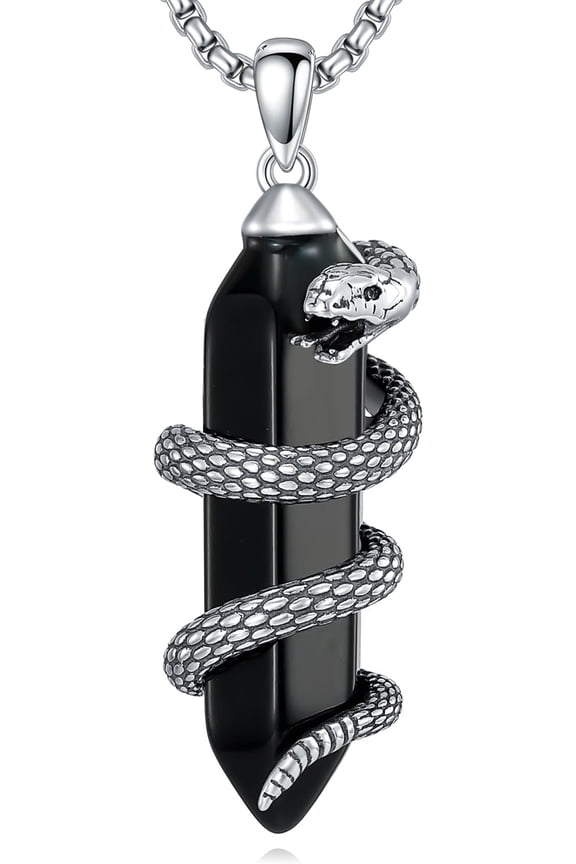 Snake Necklace with Black Obsidian 925 Sterling Silver Serpent Pendant Necklaces Jewelry for Men Women, w/Stainless Steel Chain 22''+2''