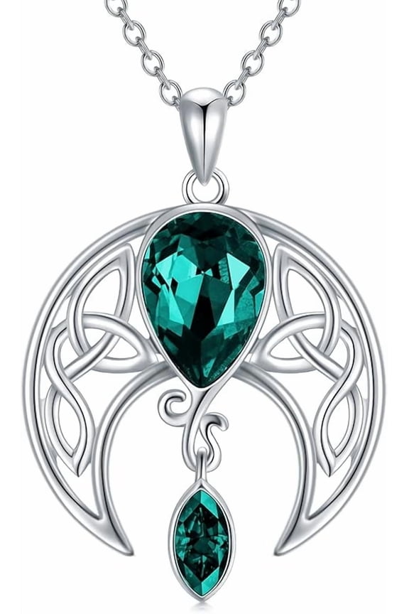 Sterling Silver Celtic Crescent Moon Goddess Pendant Irish Good Luck Necklace with Birthstone Crystal, Celtic Moon Jewelry Gift for Women Mom Wife