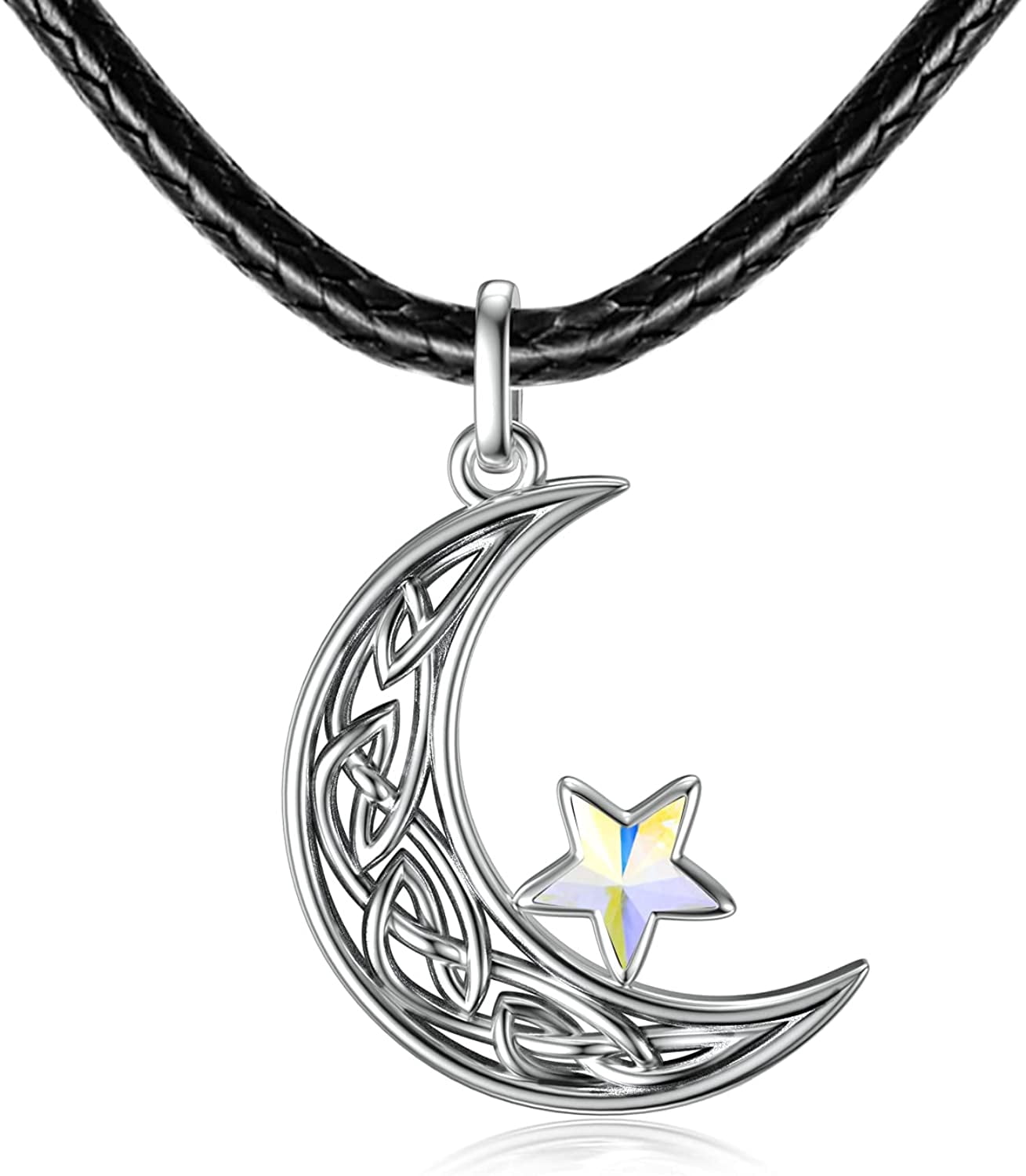 AOBOCO Sterling Silver Crescent Necklace with Leather Chain Anniversary Birthday Mothers Day Gifts Jewelry Gifts for Women