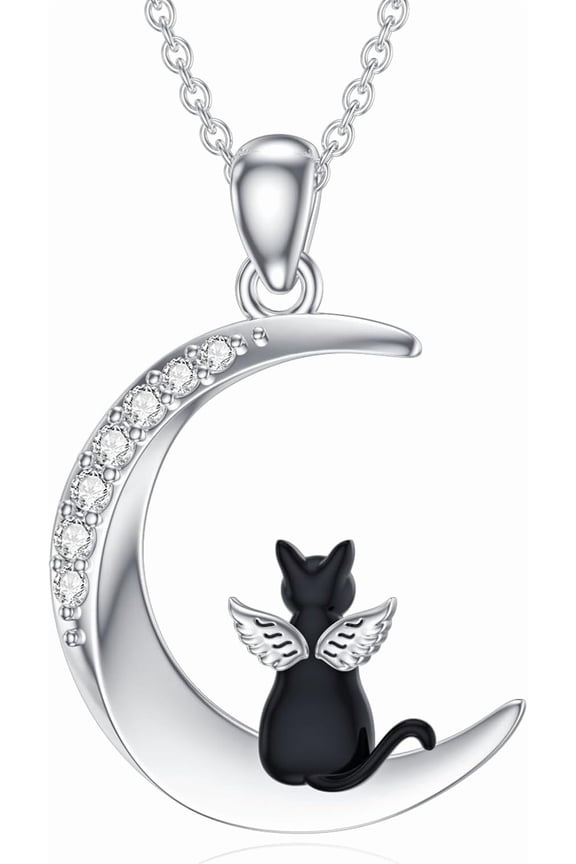 Sterling Silver Diamond Cat Angel Moon Pendant Necklace for Women, 0.089 cttw Lab Grown Diamonds, 18+2 Inch Chain, Cat Lover Gift
