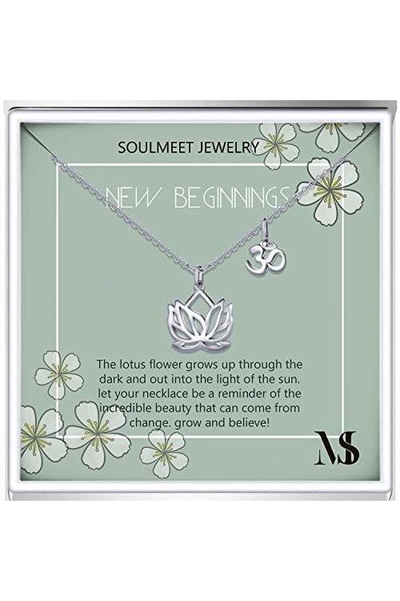 Sterling Silver Yoga Lotus Flower Necklace for Women with Inspirational Quote on Gift Card, Om Lotus Sideways Necklace Happy Birthday Gifts for Mom Daughter