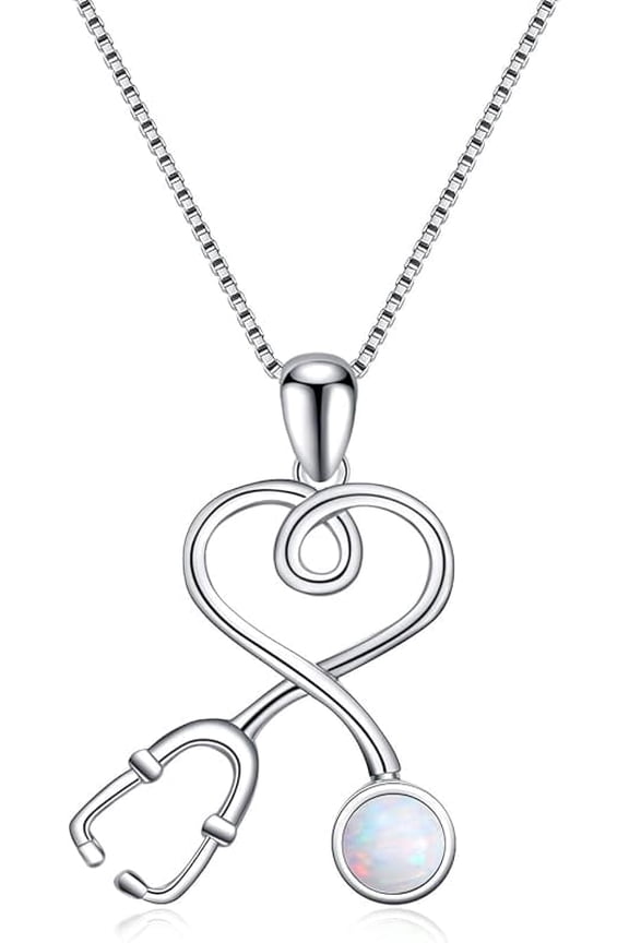AOBOCO Stethoscope Necklace 925 Sterling Silver Embellished with 12 Months Birthstone Crystals from Austria, Graduation Gifts Medical Jewelry for Doctor Nurse Medical Student RN
