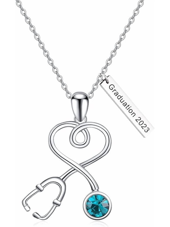 Stethoscope Necklace 925 Sterling Silver Embellished with 12 Months Birthstone Crystals from Austria, Graduation Gifts Medical Jewelry for Doctor Nurse Medical Student RN