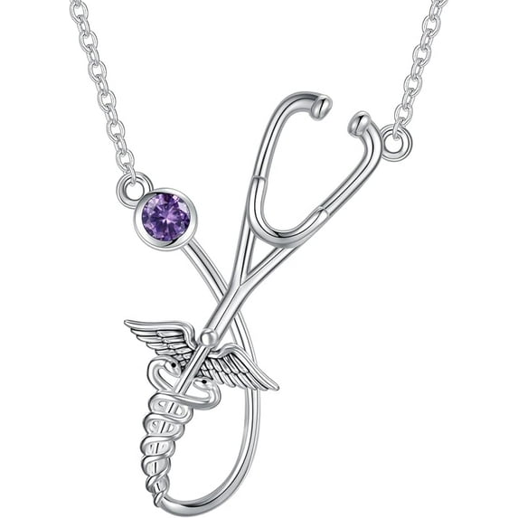 AOBOCO Stethoscope Necklace 925 Sterling Silver Stethoscope Pendant Necklaces with Birthstone Graduation Nurse Gift for Women