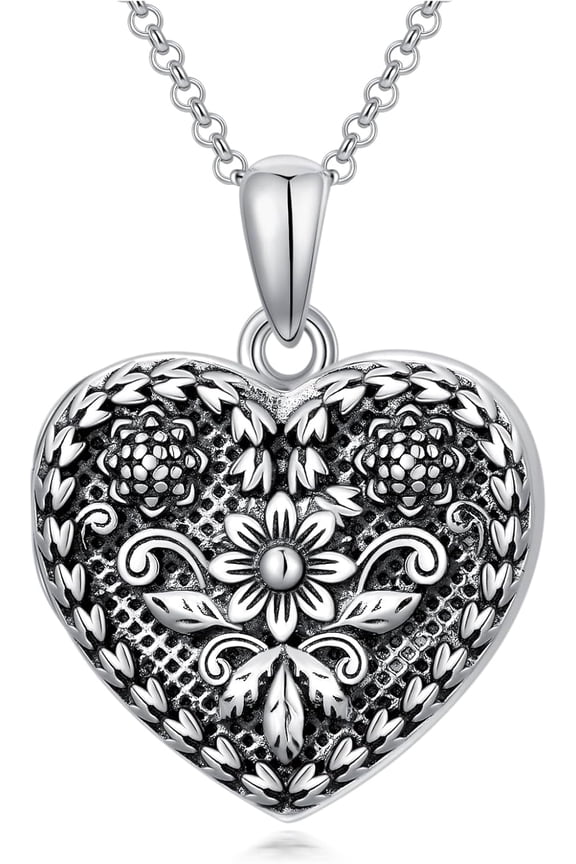Sunflower Locket Necklace 925 Sterling Silver Heart Locket Necklace That Holds Pictures Engraved with Forever in my heart for Women