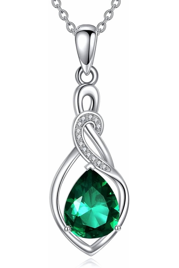 Teardrop Birthstone Necklace for Women 925 Sterling Silver Infinity Created Gemstone Pendant Necklaces Christmas Birthday Jewelry Gifts for Wife Mother Her, 18"+2"