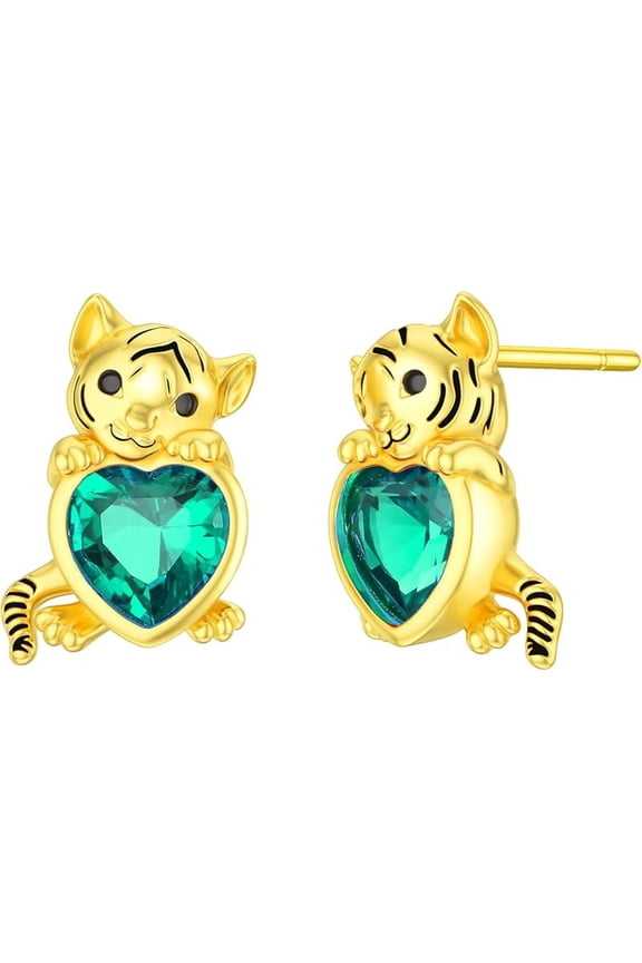 Tiger Earrings for Women 925 Sterling Silver Tiger Holding Heart Cut Birthstone Stud Earrings