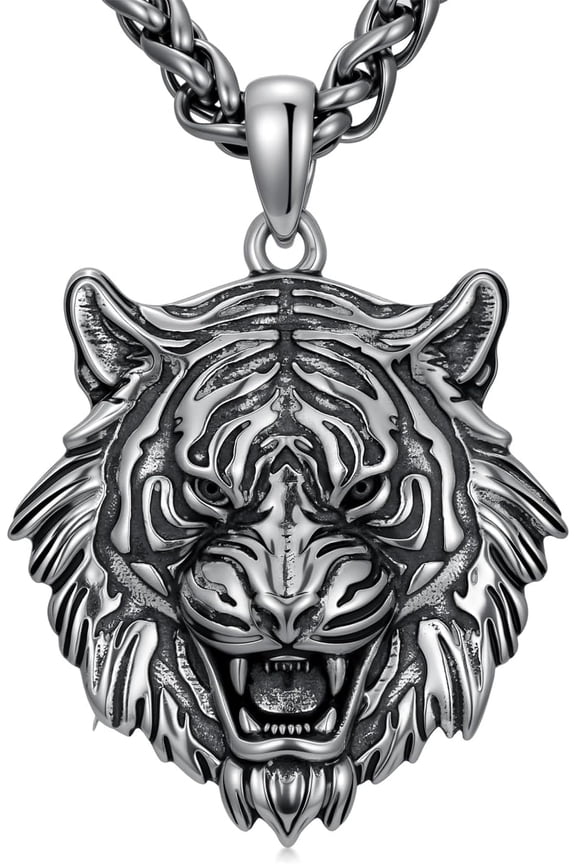 Tiger Head Necklace for Men 925 Sterling Silver Tiger Pendant Punk Jewelry for Men