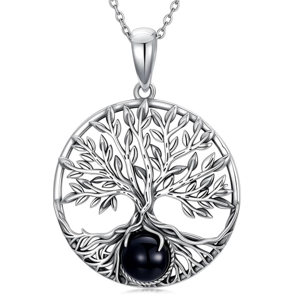 AOBOCO Tree of Life Necklace with Black Obsidian 925 Sterling Silver Family Tree Pendant Necklaces Jewelry for Men Women, w/Stainless Steel Chain 22’’+2’’