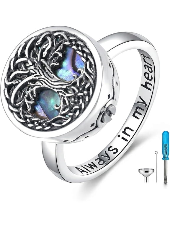 Tree of Life Urn Ring for Ashes 925 Sterling Silver Family Tree Memorial Rings with Moss Agate/Abalone Shell, Always in My Heart Cremation Keepsake Band Ring for Women Men