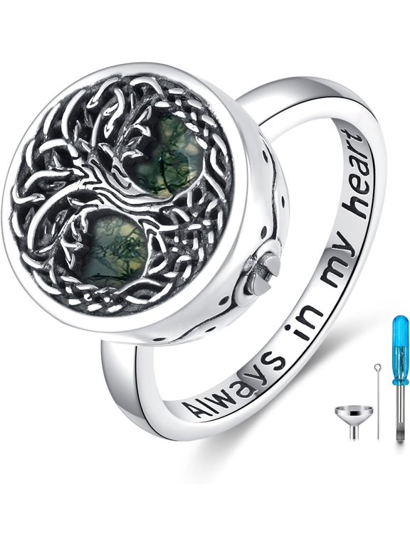 Tree of Life Urn Ring for Ashes 925 Sterling Silver Family Tree Memorial Rings with Moss Agate/Abalone Shell, Always in My Heart Cremation Keepsake Band Ring for Women Men