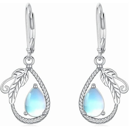 AOBOCO Vintage Moonstone/Moss Agate Dangle Earrings 925 Sterling Silver 9 * 6 Pear Cut Gemstone with Leaf Leverback Earrings for Women