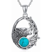 AOBOCO Vintage Turquoise with Wolf/Raven/Phoenix Pendant Necklace 925 Sterling Silver Animal with Green Turquoise Western Necklace with 18+2 inch Chain for Women Gifts