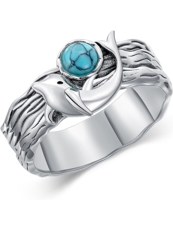 Women's Dolphin Ring 925 Sterling Silver Genuine Turquoise Ring Ocean Dolphin Ring Western Engagement Ring Turquoise Jewelry Gift for Mom or Wife