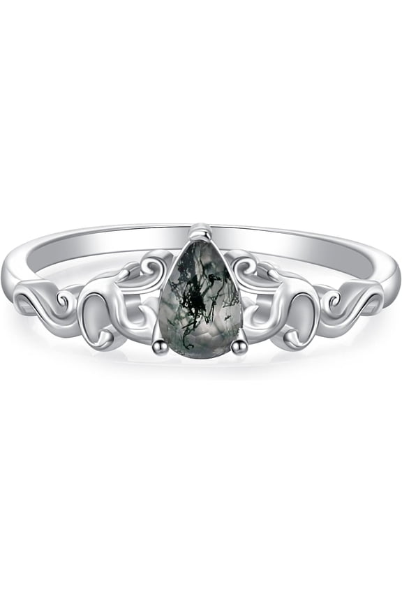 Women's Natural Moss Agate Ring 925 Sterling Silver Pear Cut Real Moss Agate Engagement Ring Moss Agate Jewelry Gift
