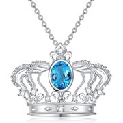 AOBOCO Women's Natural Topaz Crown Necklace 925 Sterling Silver Swiss Blue Topaz Crown Pendant Necklace Queen Style Jewelry for Mom or Wife, Standard Sterling Silver, Topaz