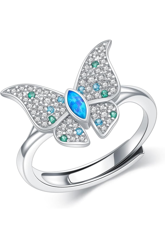 Women's Sterling Silver Blue Butterfly Opal Ring, Butterfly Open Ring, Butterfly Ring, Adjustable Ring, Opal Ring, Jewelry Gift for Her, Adjustable Size 6-9-1