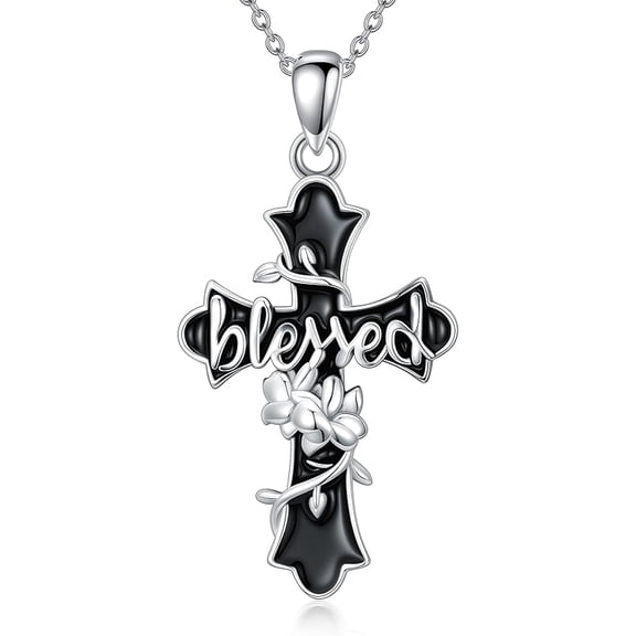 AOBOCOBlack Cross Blessed Necklace 925 Sterling Silver Cross Flower Pendant Faith Christian Religious Jewelry Gift for Women Men Her