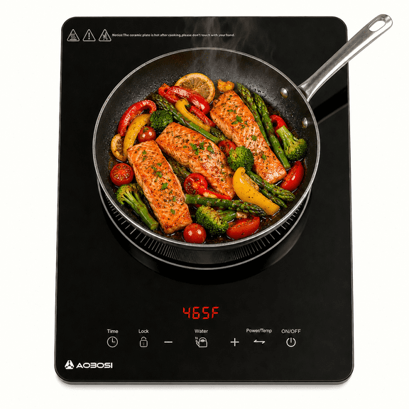 AOBOSI 1800W Portable Induction Cooktop, 120V Single Burner Countertop Burner, 10Hour Timer, 120F465F, LED Touch Control, Child Lock, for Home Dorm RV Food Truck Commercial Use