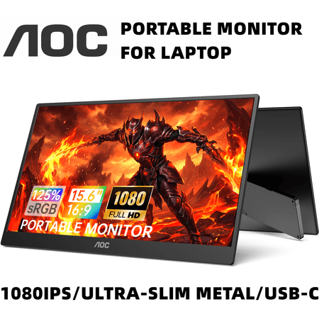 AOC 15.6" Premium Portable Gaming Monitor 125% sRGB, HDR, FHD 1080P IPS Computer Monitor, Ultra-Slim Metal USB-C/HDMI External Screen with Speakers for Laptop PC Mac PS5 Xbox Switch
