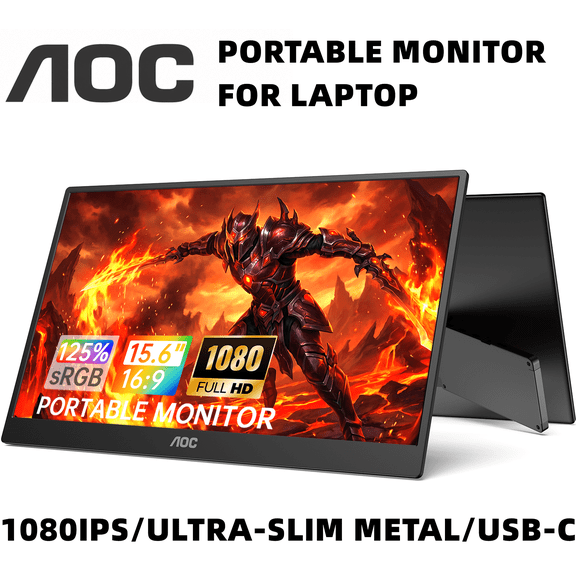 AOC 15.6" Premium Portable Gaming Monitor 125% sRGB, HDR, FHD 1080P IPS Computer Monitor, Ultra-Slim Metal USB-C/HDMI External Screen with Speakers for Laptop PC Mac PS5 Xbox Switch