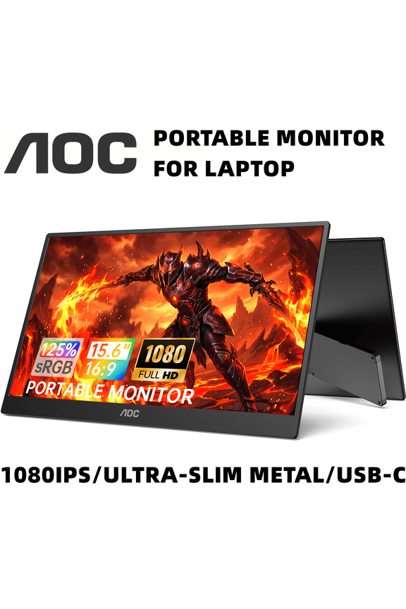 AOC 15.6" Premium Portable Gaming Monitor 125% sRGB, HDR, FHD 1080P IPS Computer Monitor, Ultra-Slim Metal USB-C/HDMI External Screen with Speakers for Laptop PC Mac PS5 Xbox Switch