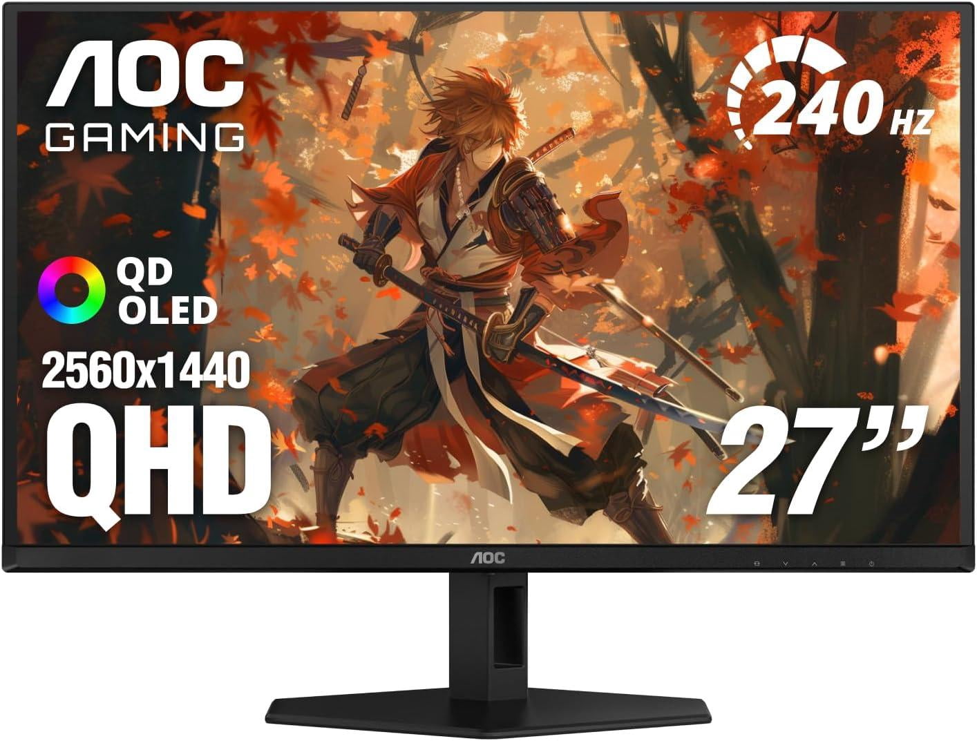 AOC 27" QD OLED Gaming Monitor, QHD 2560x1440, 240Hz, 0.03ms GtG, G-SYNC Compatible, HDR Ready, DisplayPort, HDMI, VESA Mountable, Console Gaming Ready, Q27GAZD
