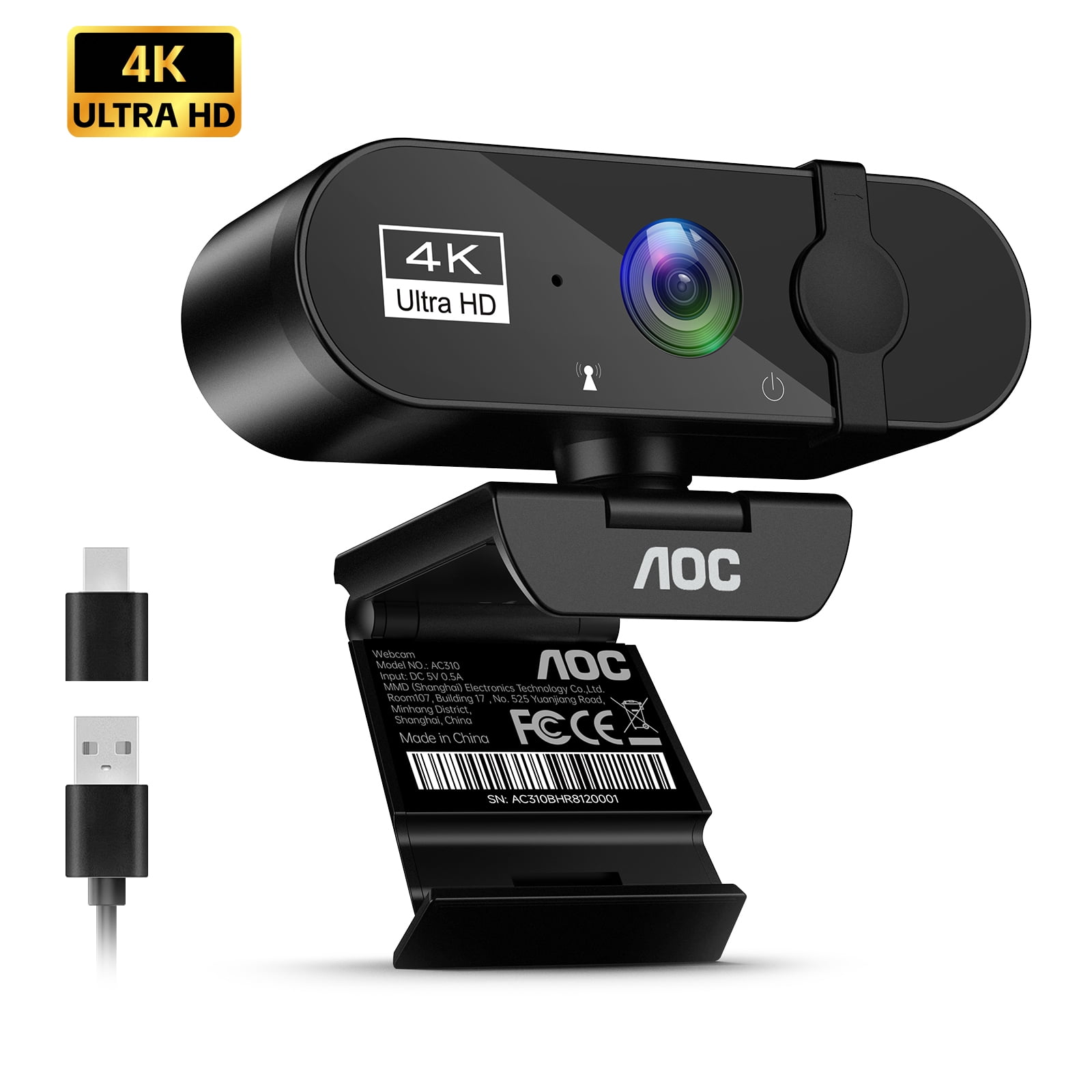 AOC 4K Webcam for PCWeb cam with High Resolution CMOS Color Sensors, USB Web Camera for Laptop, Conference Video, Chat software, Black, New