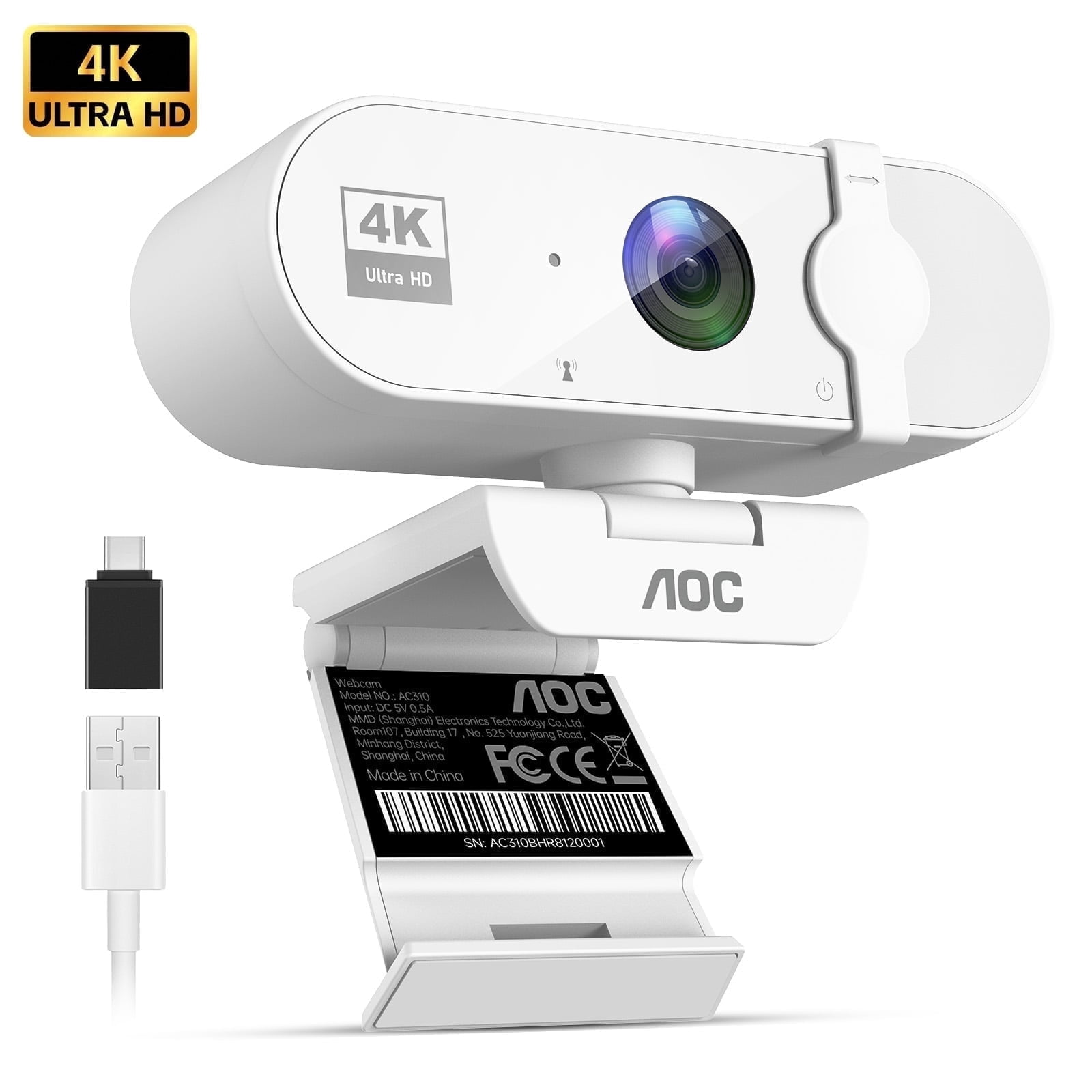 AOC 4K Webcam for PC with Noise Canceling Mic, Privacy Cover, 99° FOV, USB Plug and Play Computer Camera for Laptop Streaming Office, White