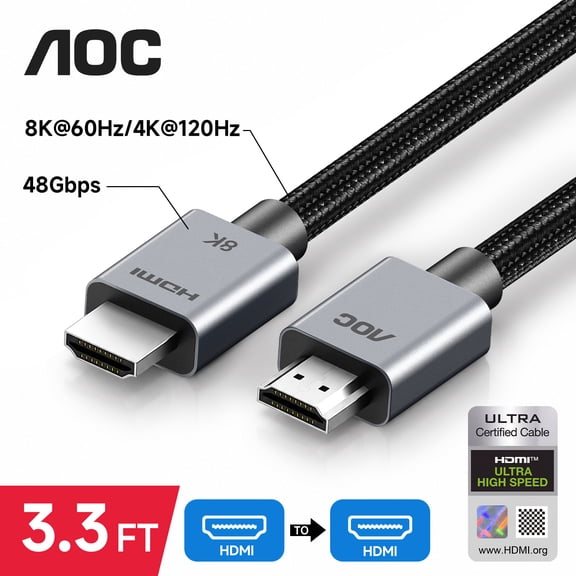 AOC 8K HDMI 2.1 Cable 48Gbps 3.3FT, Certified Ultra High Speed HDMI Cord | Aluminum, 8K@60Hz / 4K@120Hz, HDCP 2.2&2.3, eARC HDR 10 Dolby Compatible with PS5/Blu-ray/Roku TV/Switch 2/Mac mini